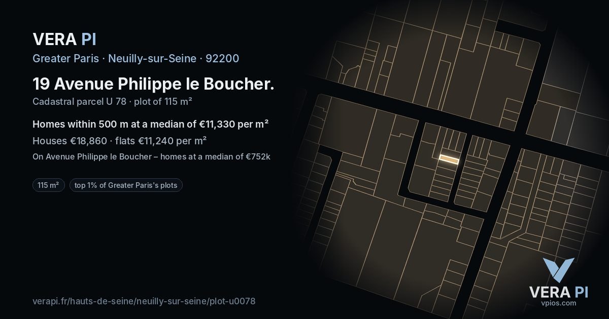 19 Avenue Philippe le Boucher, Neuilly-sur-Seine at night – the plot lit, the parcels around coloured by the prices near them
