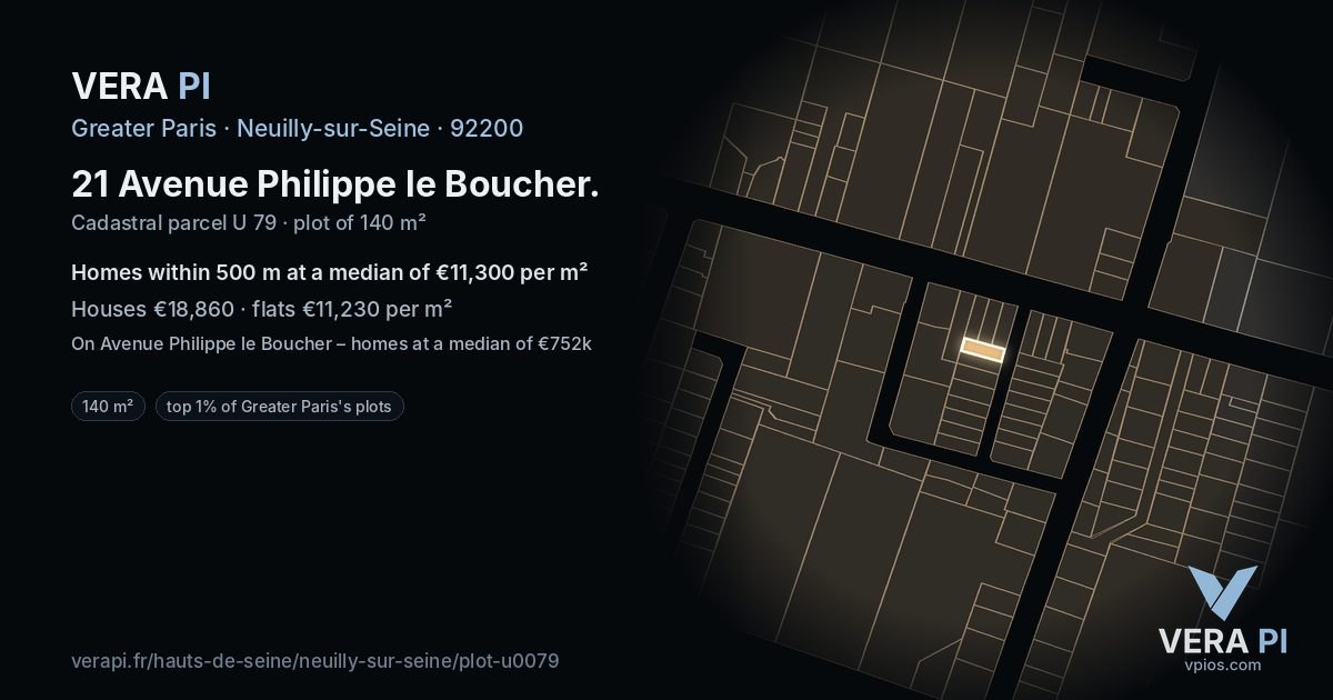 21 Avenue Philippe le Boucher, Neuilly-sur-Seine at night – the plot lit, the parcels around coloured by the prices near them