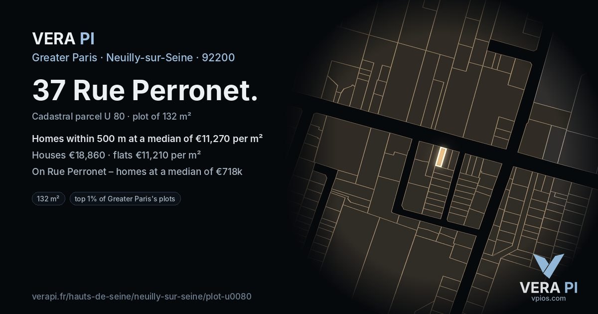 37 Rue Perronet, Neuilly-sur-Seine at night – the plot lit, the parcels around coloured by the prices near them