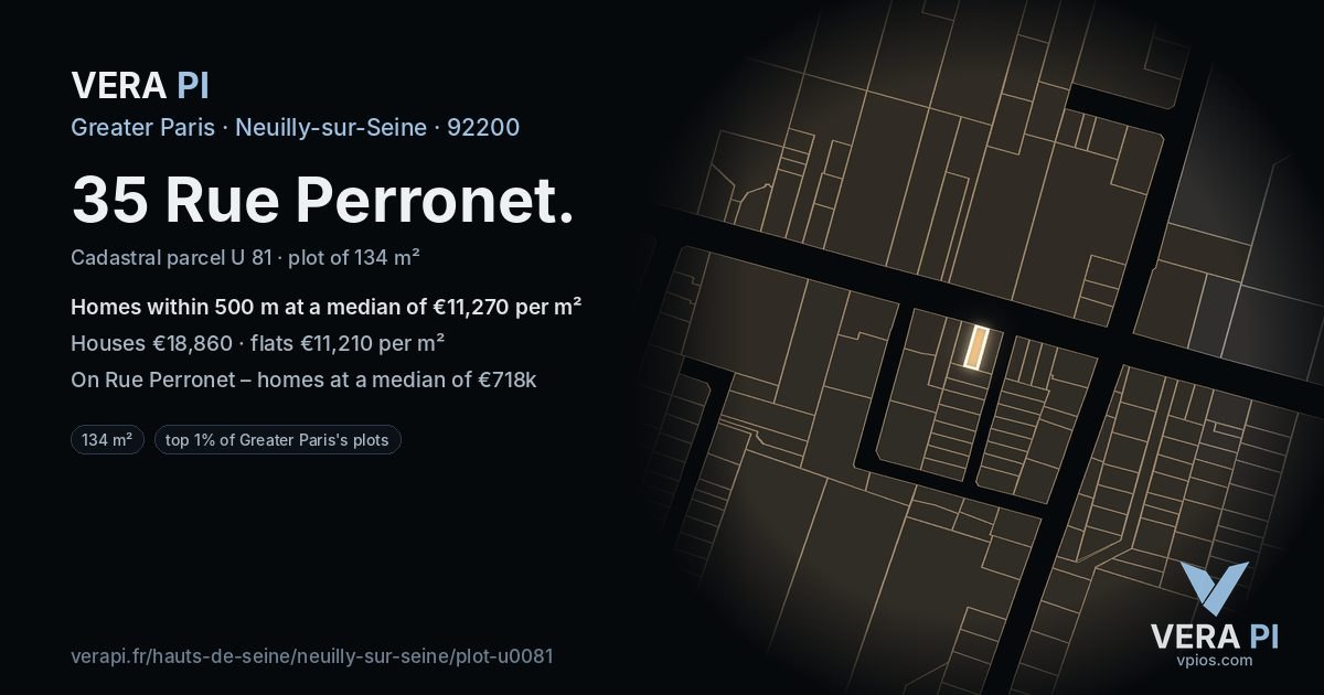 35 Rue Perronet, Neuilly-sur-Seine at night – the plot lit, the parcels around coloured by the prices near them