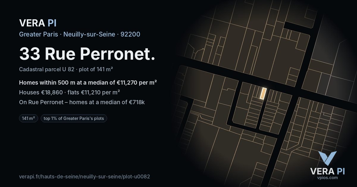 33 Rue Perronet, Neuilly-sur-Seine at night – the plot lit, the parcels around coloured by the prices near them