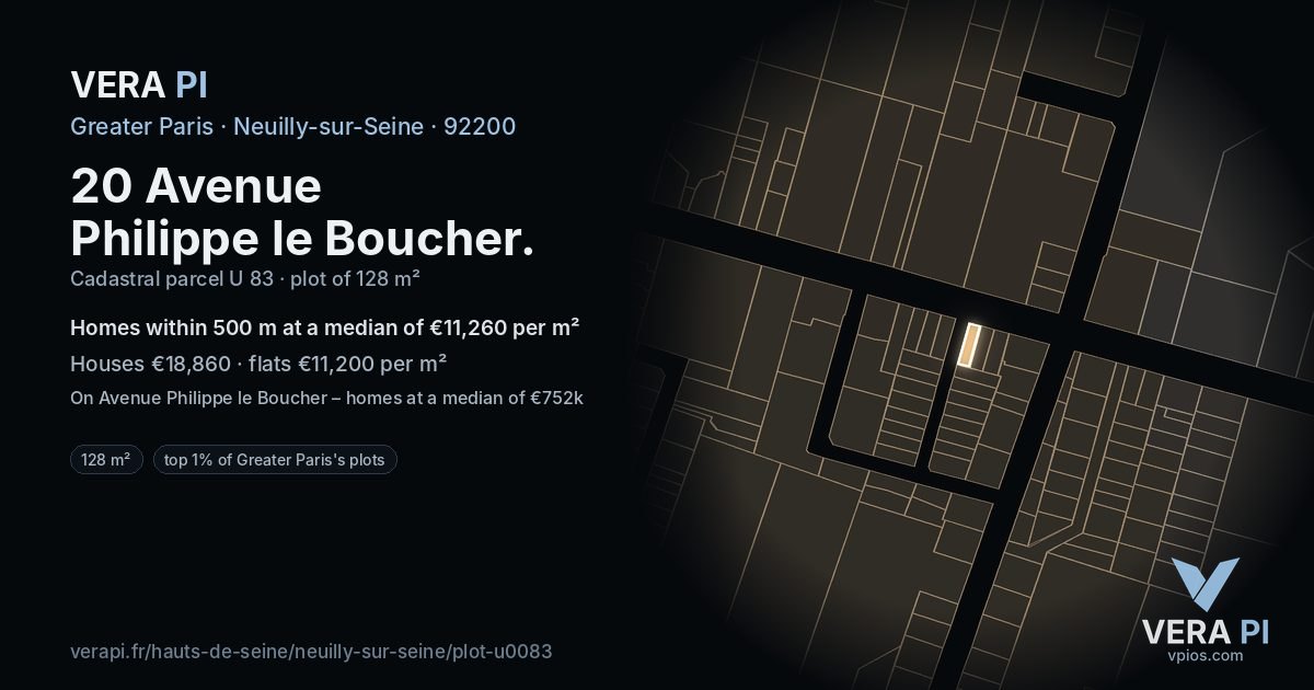 20 Avenue Philippe le Boucher, Neuilly-sur-Seine at night – the plot lit, the parcels around coloured by the prices near them