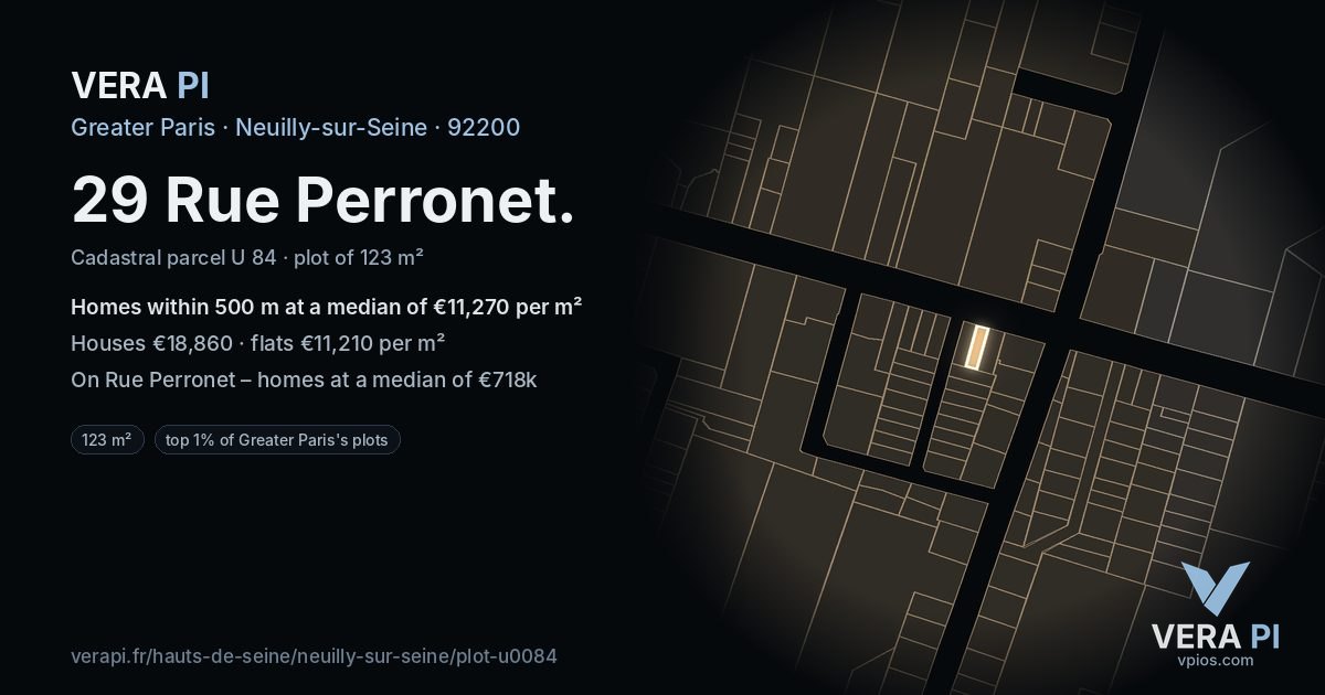 29 Rue Perronet, Neuilly-sur-Seine at night – the plot lit, the parcels around coloured by the prices near them
