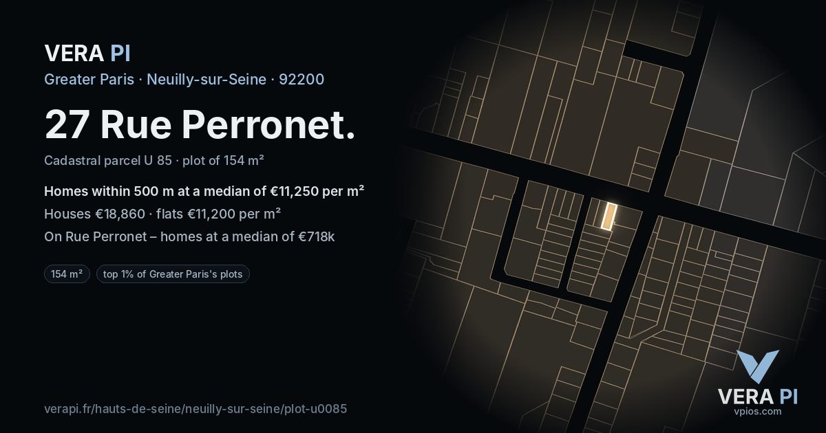 27 Rue Perronet, Neuilly-sur-Seine at night – the plot lit, the parcels around coloured by the prices near them