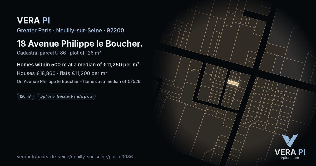 18 Avenue Philippe le Boucher, Neuilly-sur-Seine at night – the plot lit, the parcels around coloured by the prices near them