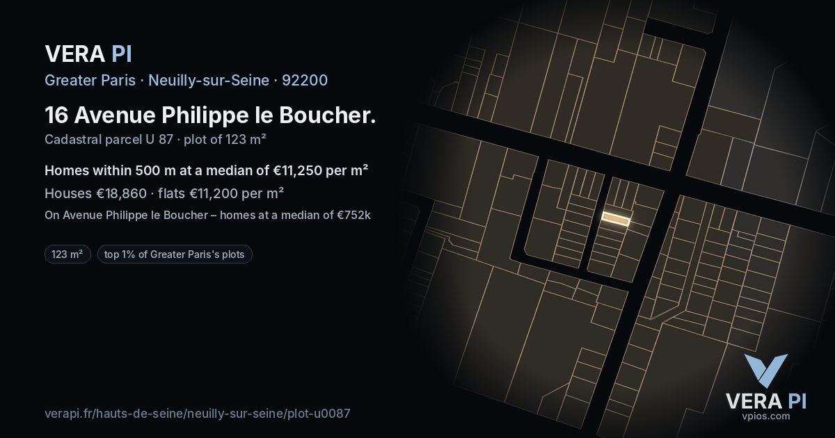 16 Avenue Philippe le Boucher, Neuilly-sur-Seine at night – the plot lit, the parcels around coloured by the prices near them
