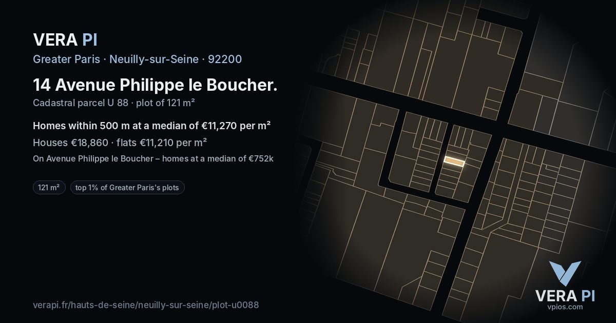 14 Avenue Philippe le Boucher, Neuilly-sur-Seine at night – the plot lit, the parcels around coloured by the prices near them