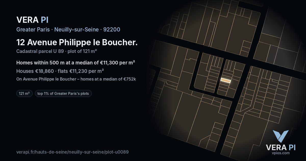 12 Avenue Philippe le Boucher, Neuilly-sur-Seine at night – the plot lit, the parcels around coloured by the prices near them