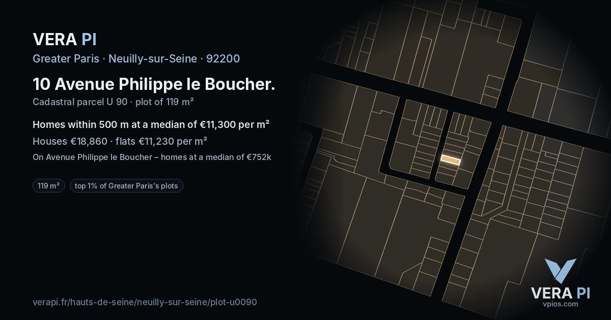 10 Avenue Philippe le Boucher, Neuilly-sur-Seine at night – the plot lit, the parcels around coloured by the prices near them
