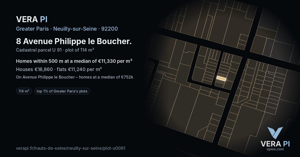 8 Avenue Philippe le Boucher, Neuilly-sur-Seine at night – the plot lit, the parcels around coloured by the prices near them