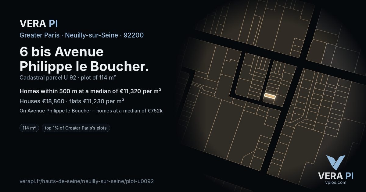 6 bis Avenue Philippe le Boucher, Neuilly-sur-Seine at night – the plot lit, the parcels around coloured by the prices near them