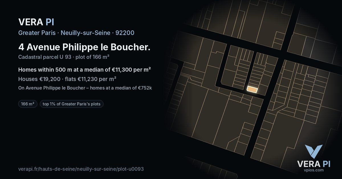 4 Avenue Philippe le Boucher, Neuilly-sur-Seine at night – the plot lit, the parcels around coloured by the prices near them