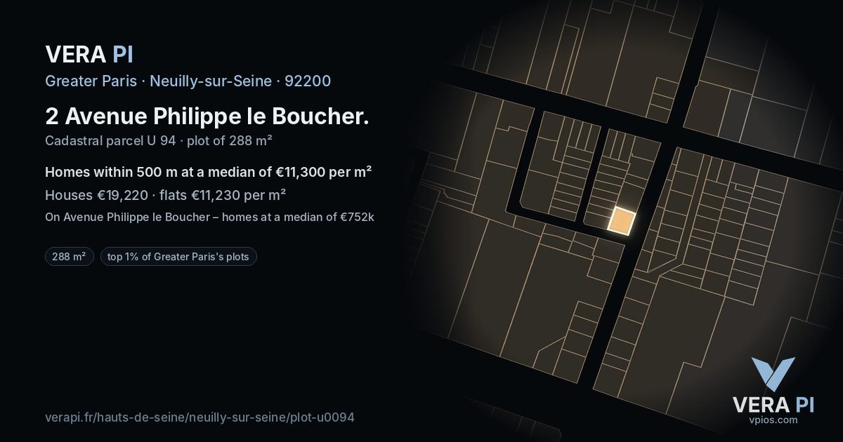 2 Avenue Philippe le Boucher, Neuilly-sur-Seine at night – the plot lit, the parcels around coloured by the prices near them