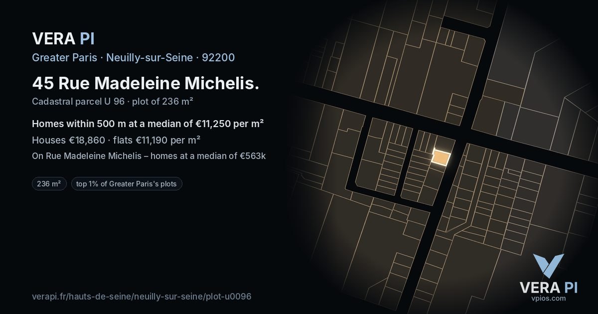 45 Rue Madeleine Michelis, Neuilly-sur-Seine at night – the plot lit, the parcels around coloured by the prices near them