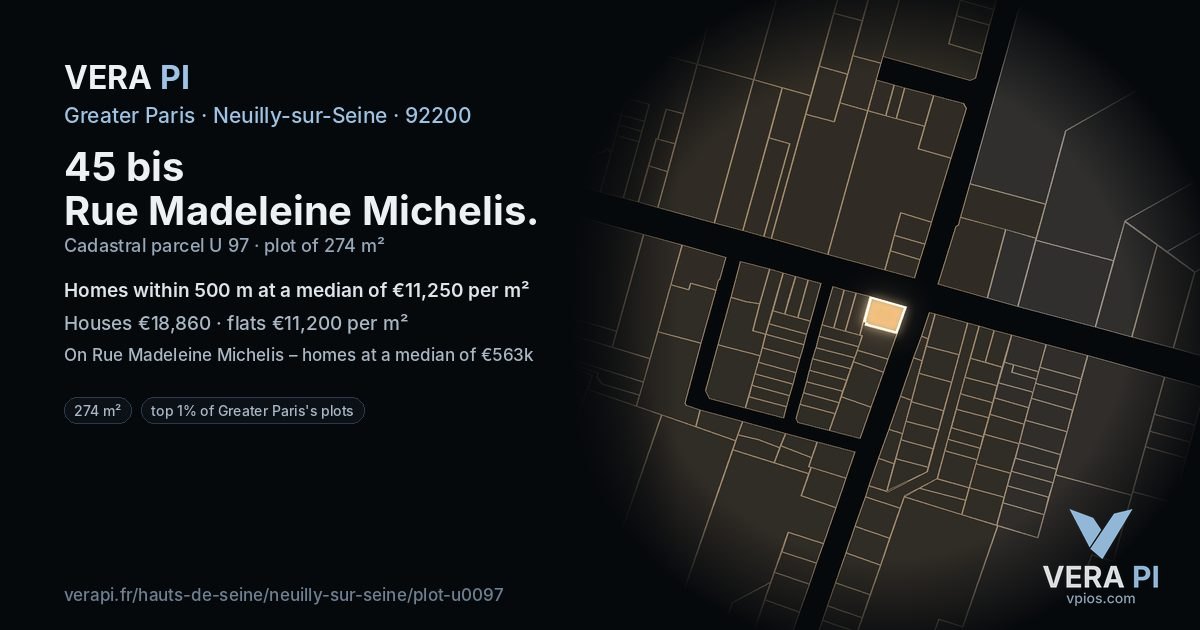 45 bis Rue Madeleine Michelis, Neuilly-sur-Seine at night – the plot lit, the parcels around coloured by the prices near them