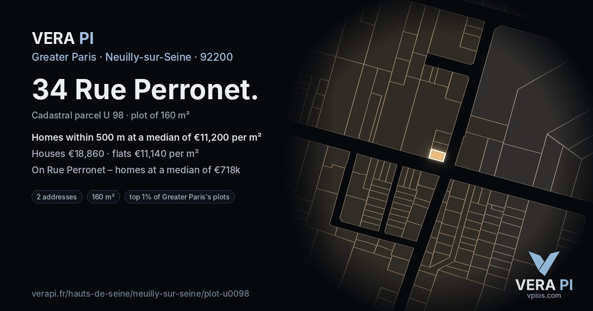 34 Rue Perronet, Neuilly-sur-Seine at night – the plot lit, the parcels around coloured by the prices near them