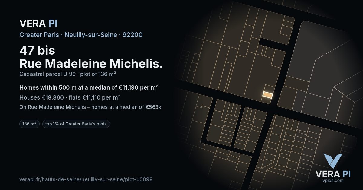 47 bis Rue Madeleine Michelis, Neuilly-sur-Seine at night – the plot lit, the parcels around coloured by the prices near them