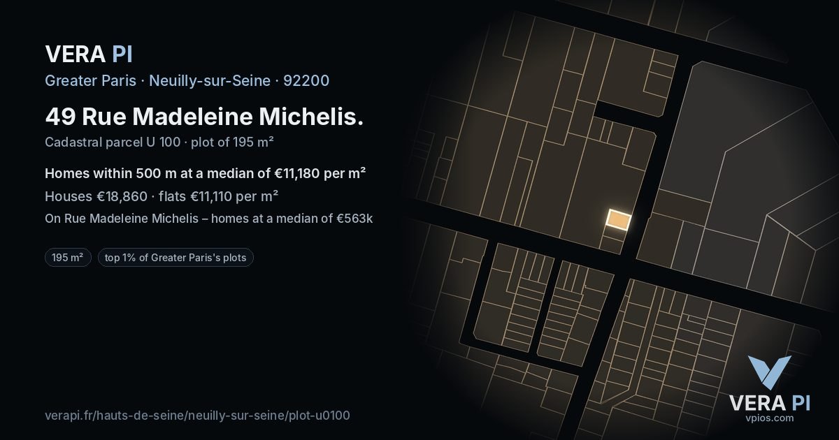 49 Rue Madeleine Michelis, Neuilly-sur-Seine at night – the plot lit, the parcels around coloured by the prices near them