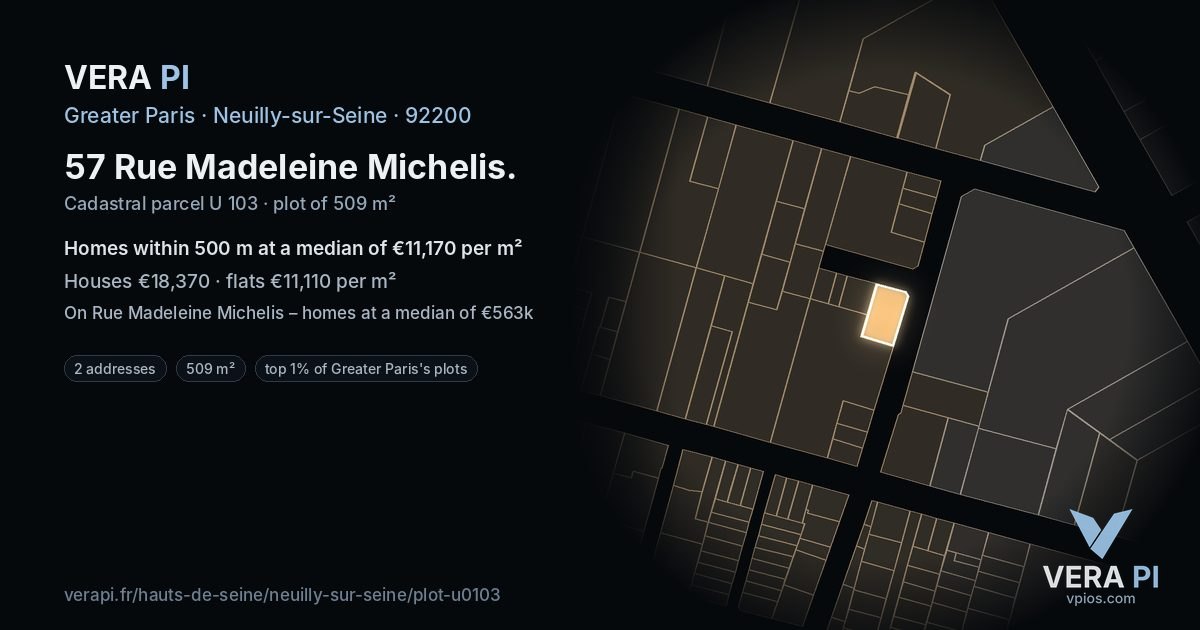 57 Rue Madeleine Michelis, Neuilly-sur-Seine at night – the plot lit, the parcels around coloured by the prices near them