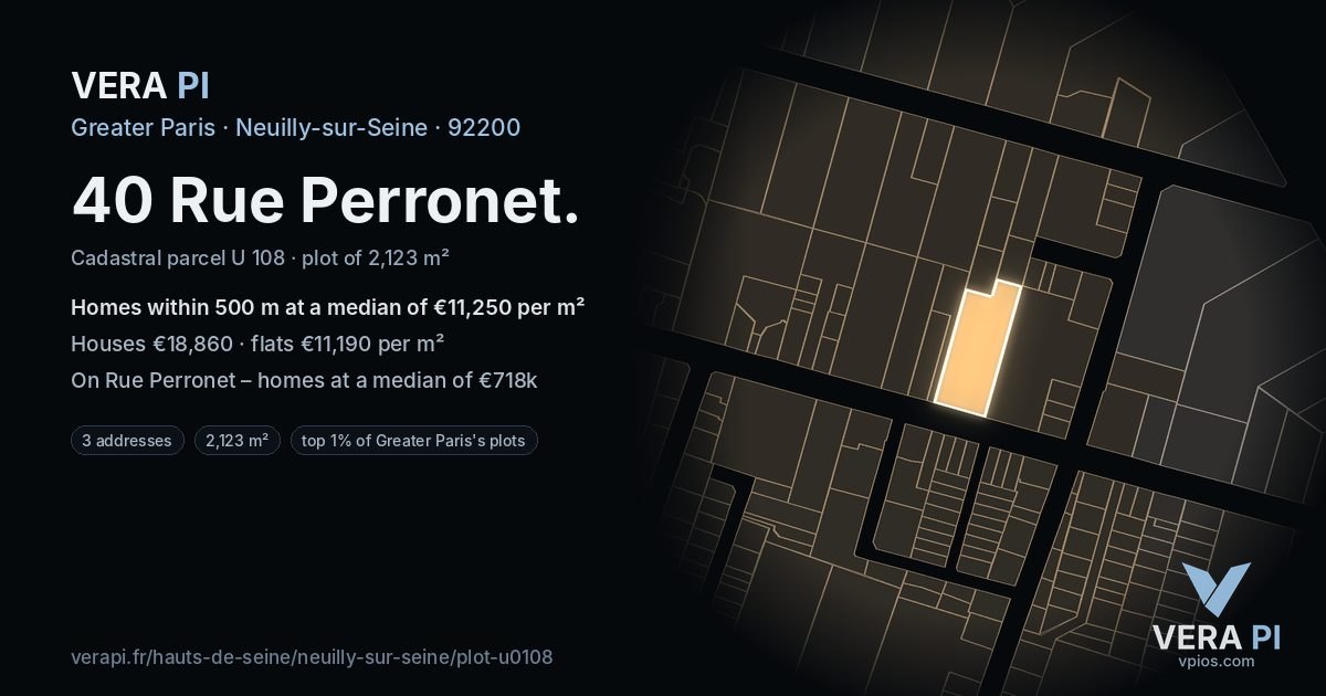 40 Rue Perronet, Neuilly-sur-Seine at night – the plot lit, the parcels around coloured by the prices near them