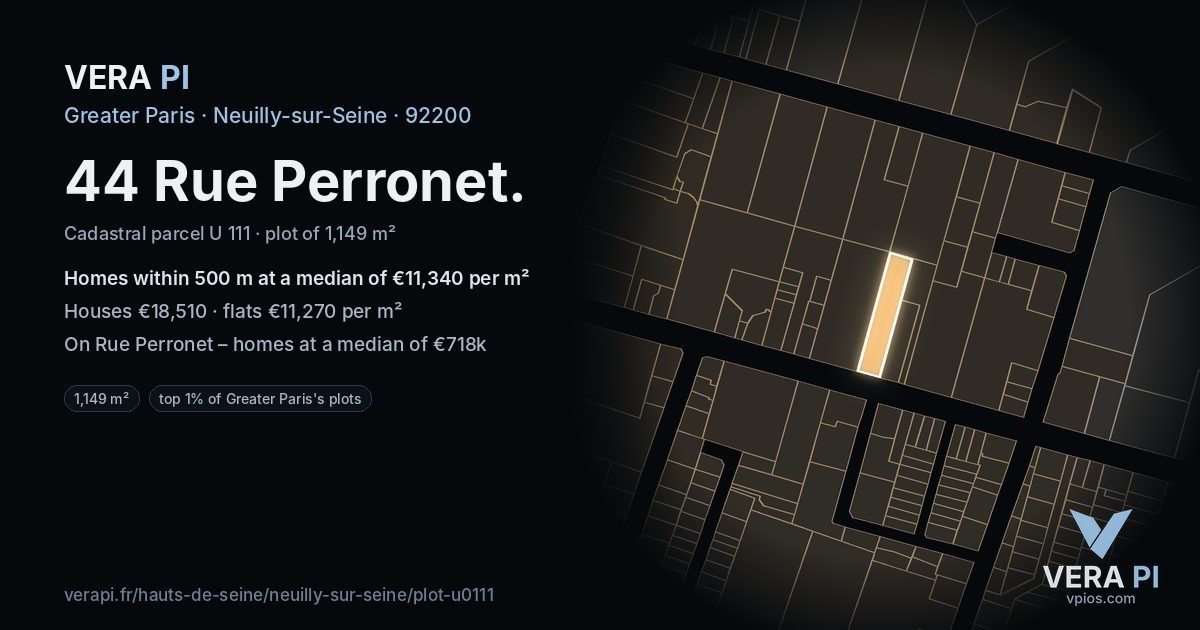 44 Rue Perronet, Neuilly-sur-Seine at night – the plot lit, the parcels around coloured by the prices near them