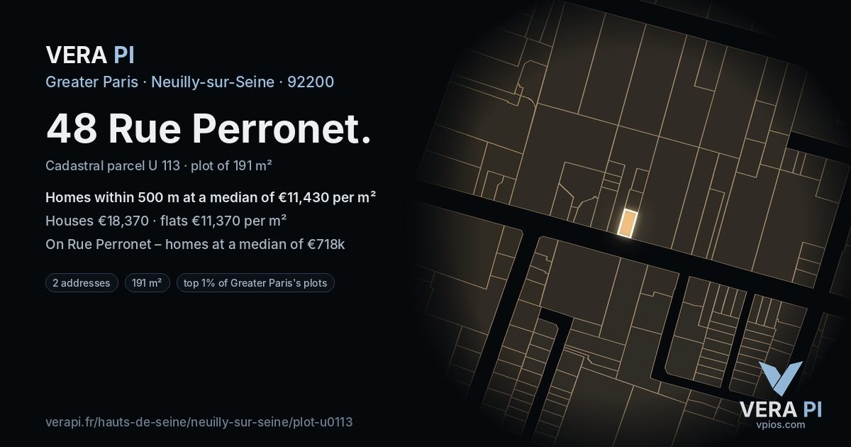 48 Rue Perronet, Neuilly-sur-Seine at night – the plot lit, the parcels around coloured by the prices near them