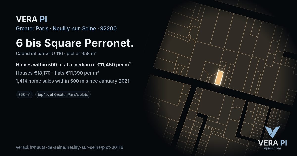6 bis Square Perronet, Neuilly-sur-Seine at night – the plot lit, the parcels around coloured by the prices near them
