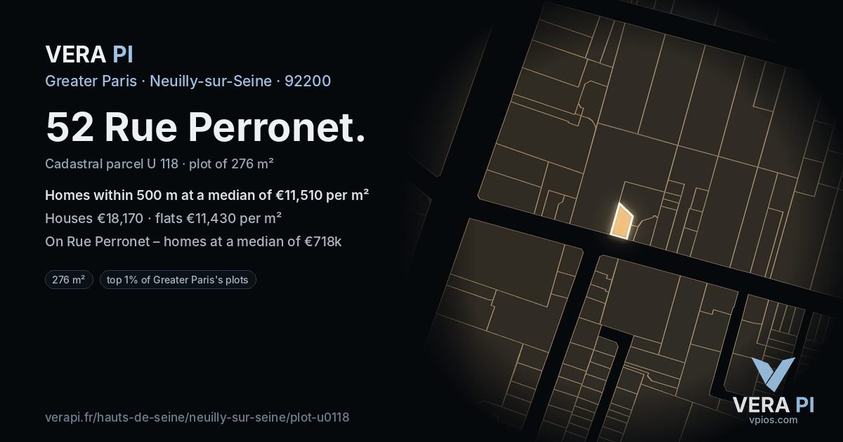 52 Rue Perronet, Neuilly-sur-Seine at night – the plot lit, the parcels around coloured by the prices near them