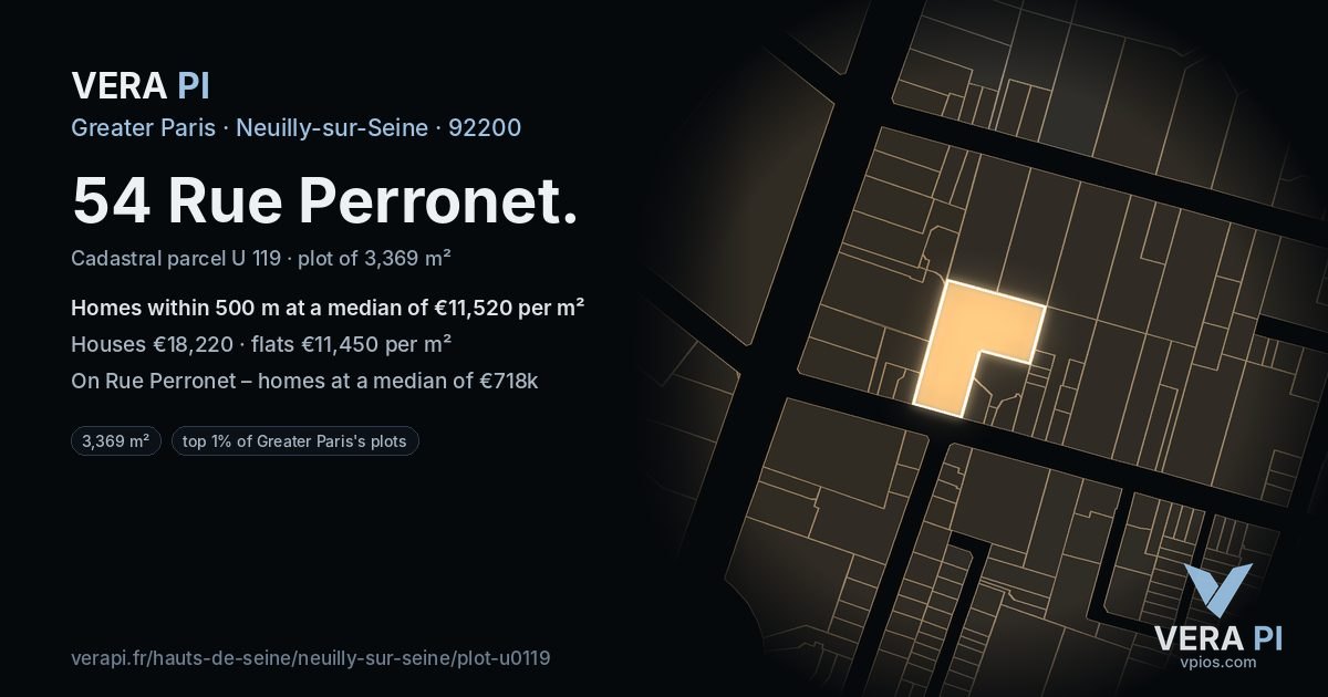 54 Rue Perronet, Neuilly-sur-Seine at night – the plot lit, the parcels around coloured by the prices near them