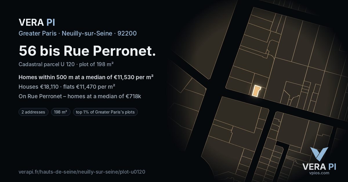 56 bis Rue Perronet, Neuilly-sur-Seine at night – the plot lit, the parcels around coloured by the prices near them