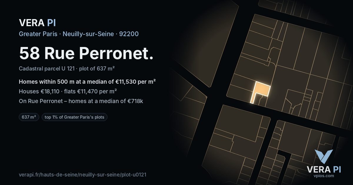 58 Rue Perronet, Neuilly-sur-Seine at night – the plot lit, the parcels around coloured by the prices near them