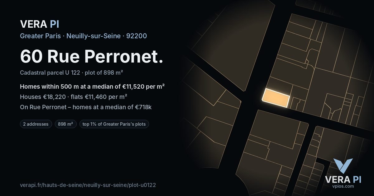 60 Rue Perronet, Neuilly-sur-Seine at night – the plot lit, the parcels around coloured by the prices near them