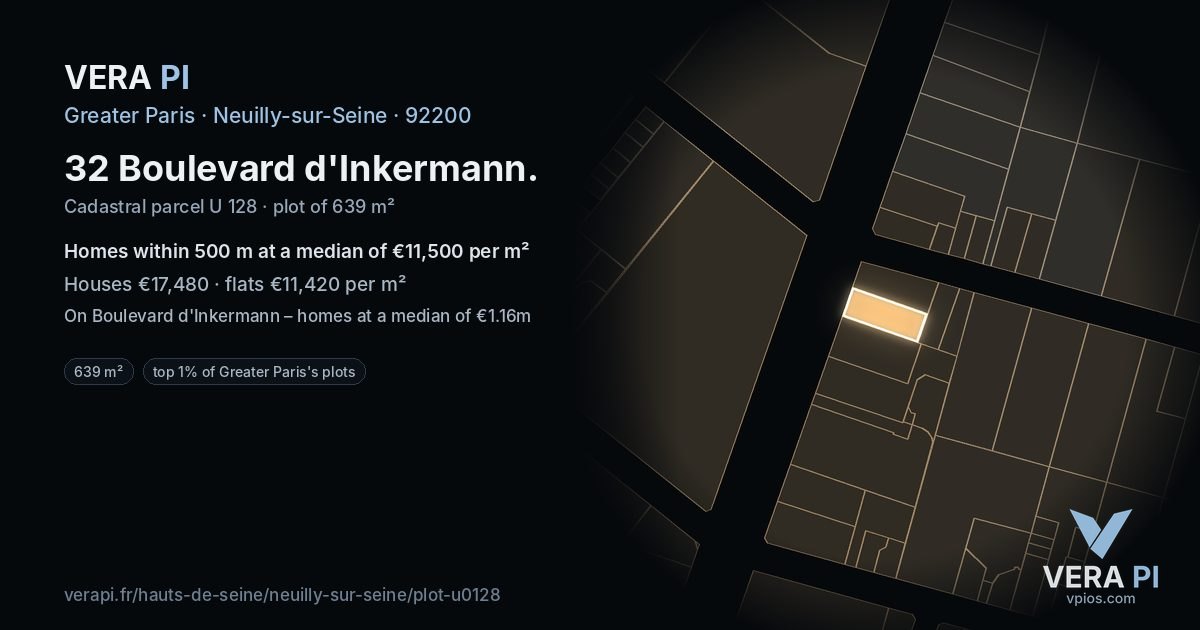 32 Boulevard d'Inkermann, Neuilly-sur-Seine at night – the plot lit, the parcels around coloured by the prices near them