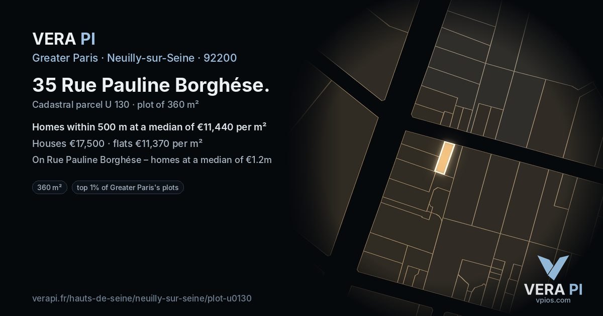 35 Rue Pauline Borghése, Neuilly-sur-Seine at night – the plot lit, the parcels around coloured by the prices near them