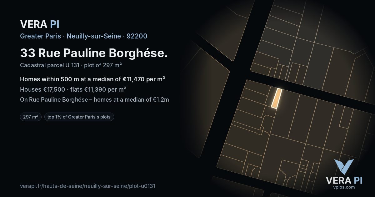33 Rue Pauline Borghése, Neuilly-sur-Seine at night – the plot lit, the parcels around coloured by the prices near them
