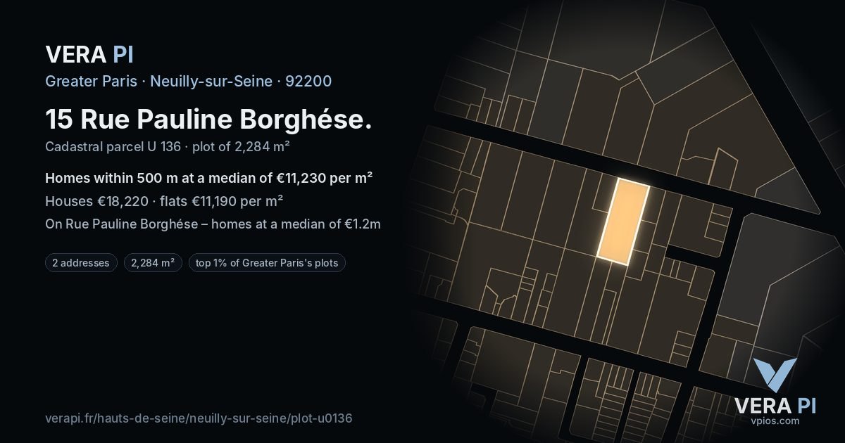 15 Rue Pauline Borghése, Neuilly-sur-Seine at night – the plot lit, the parcels around coloured by the prices near them