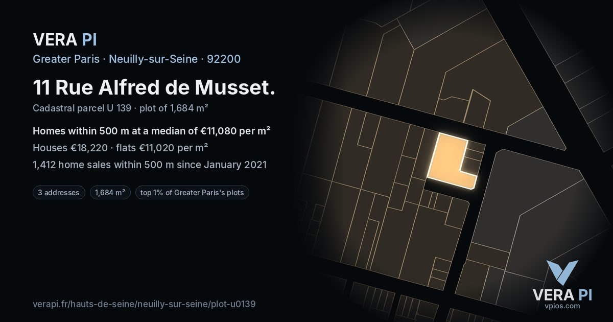 11 Rue Alfred de Musset, Neuilly-sur-Seine at night – the plot lit, the parcels around coloured by the prices near them