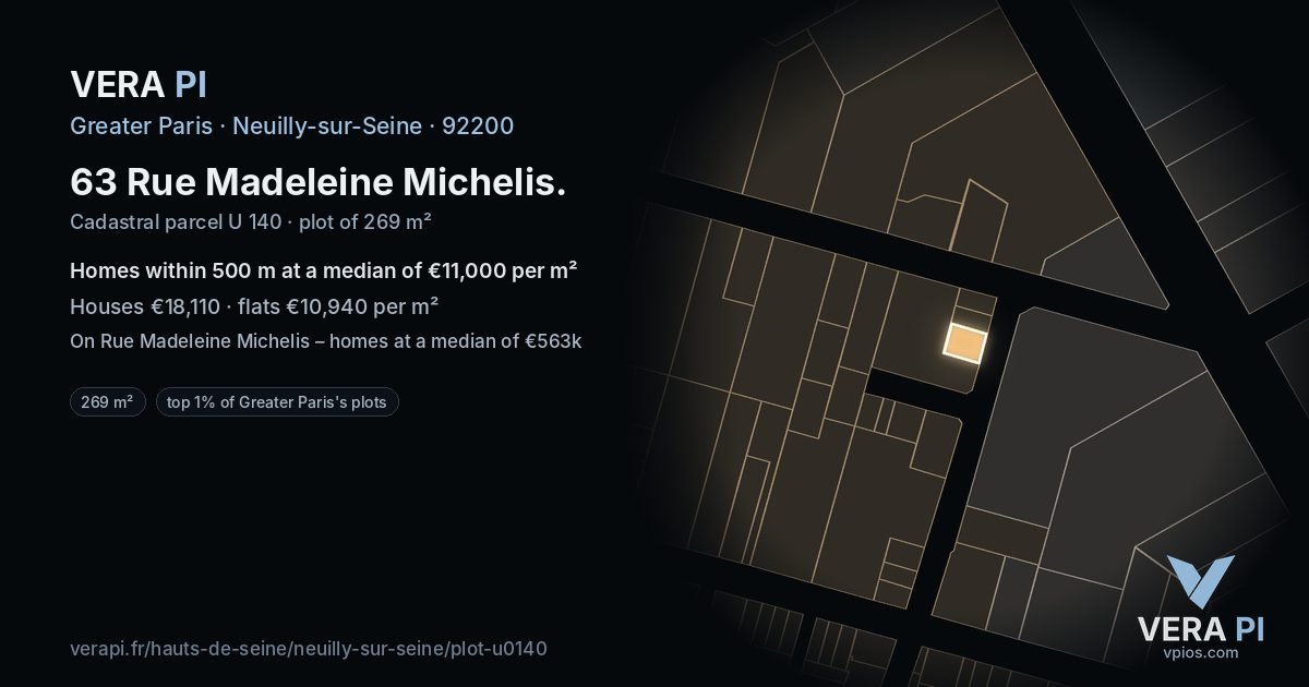 63 Rue Madeleine Michelis, Neuilly-sur-Seine at night – the plot lit, the parcels around coloured by the prices near them
