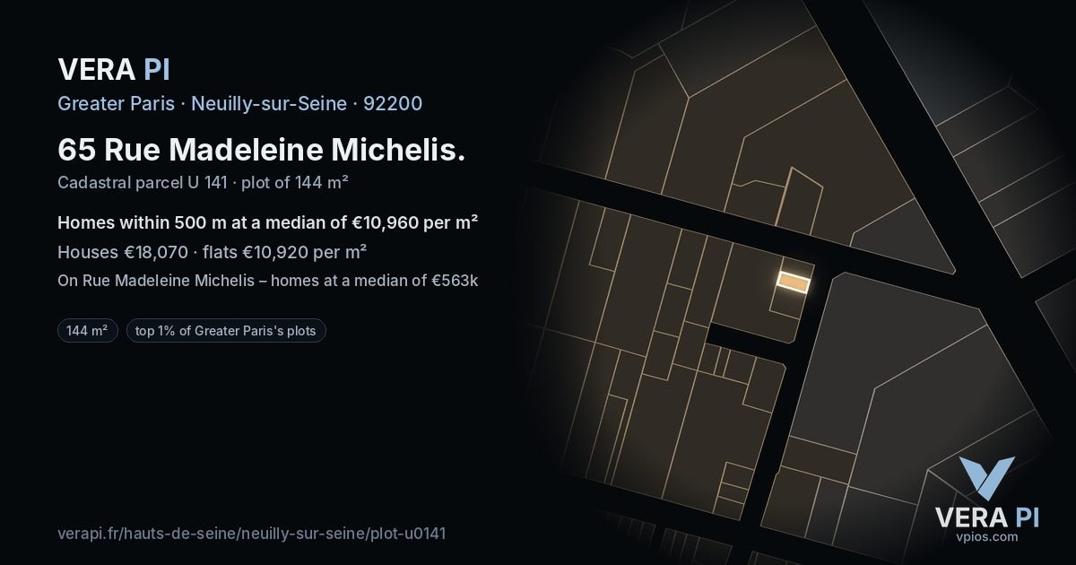 65 Rue Madeleine Michelis, Neuilly-sur-Seine at night – the plot lit, the parcels around coloured by the prices near them