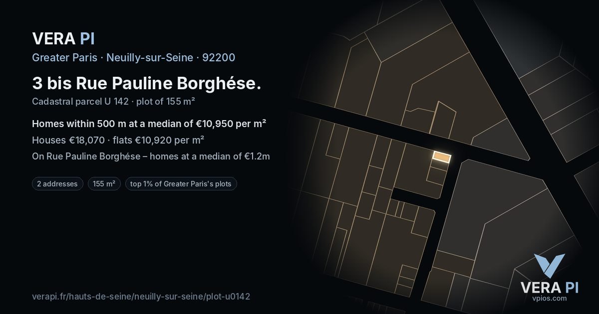 3 bis Rue Pauline Borghése, Neuilly-sur-Seine at night – the plot lit, the parcels around coloured by the prices near them