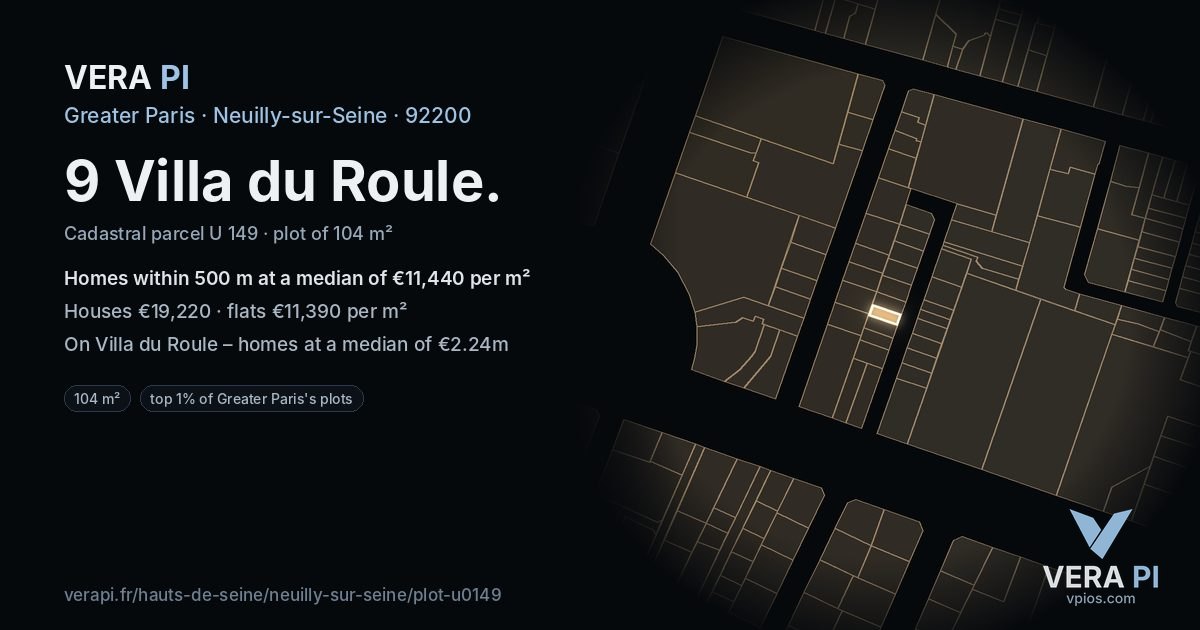 9 Villa du Roule, Neuilly-sur-Seine at night – the plot lit, the parcels around coloured by the prices near them