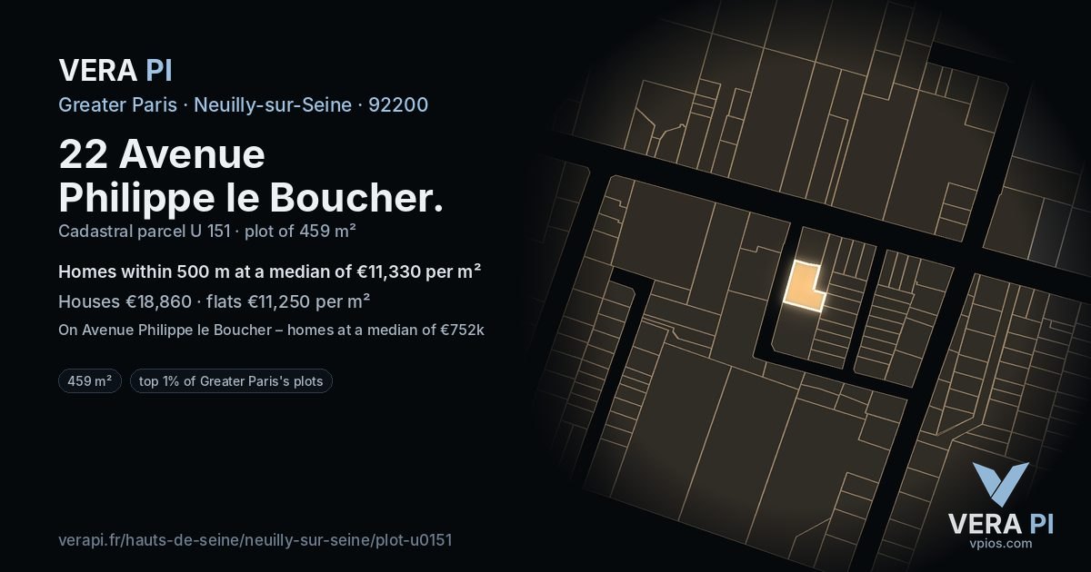 22 Avenue Philippe le Boucher, Neuilly-sur-Seine at night – the plot lit, the parcels around coloured by the prices near them