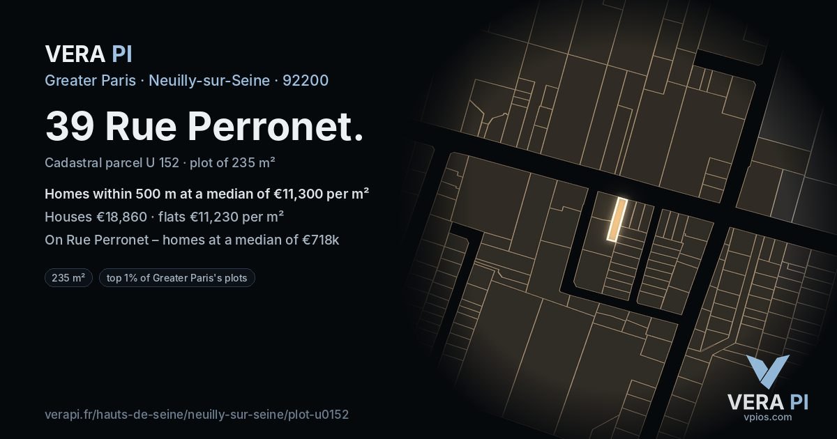 39 Rue Perronet, Neuilly-sur-Seine at night – the plot lit, the parcels around coloured by the prices near them