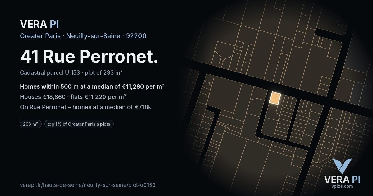 41 Rue Perronet, Neuilly-sur-Seine at night – the plot lit, the parcels around coloured by the prices near them