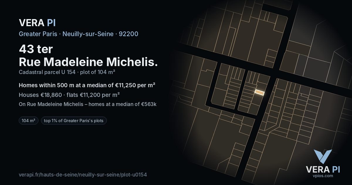 43 ter Rue Madeleine Michelis, Neuilly-sur-Seine at night – the plot lit, the parcels around coloured by the prices near them