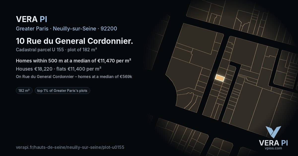 10 Rue du General Cordonnier, Neuilly-sur-Seine at night – the plot lit, the parcels around coloured by the prices near them