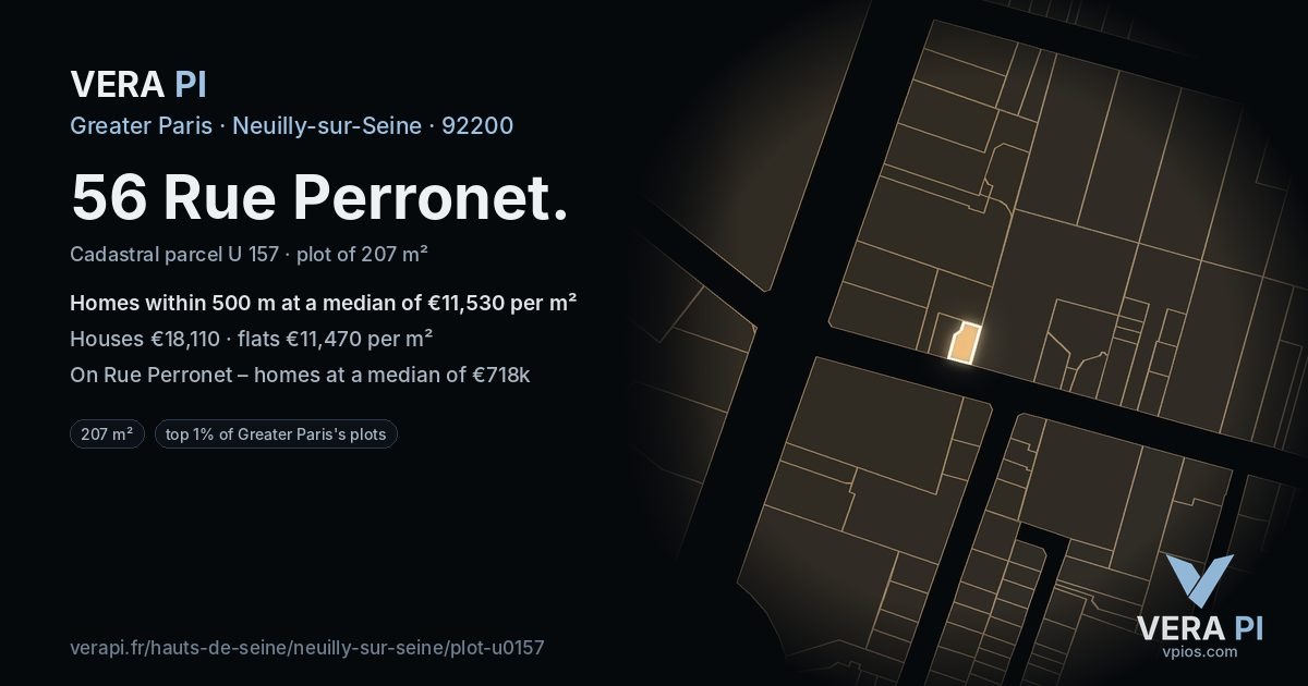 56 Rue Perronet, Neuilly-sur-Seine at night – the plot lit, the parcels around coloured by the prices near them