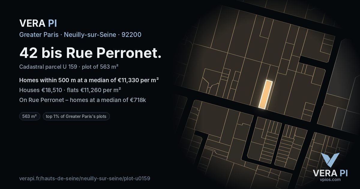 42 bis Rue Perronet, Neuilly-sur-Seine at night – the plot lit, the parcels around coloured by the prices near them
