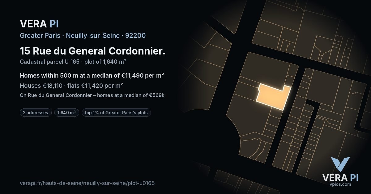 15 Rue du General Cordonnier, Neuilly-sur-Seine at night – the plot lit, the parcels around coloured by the prices near them