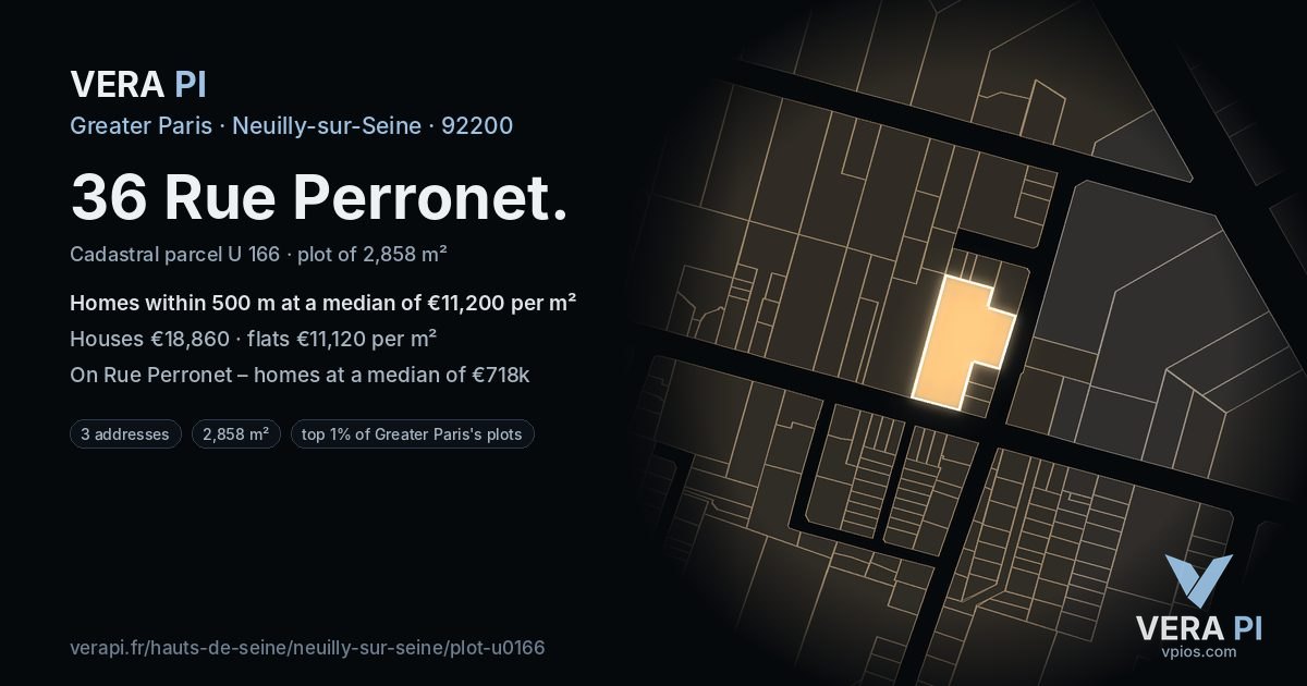 36 Rue Perronet, Neuilly-sur-Seine at night – the plot lit, the parcels around coloured by the prices near them